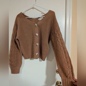 Cropped Brown Cable Knit Cardigan Sweater